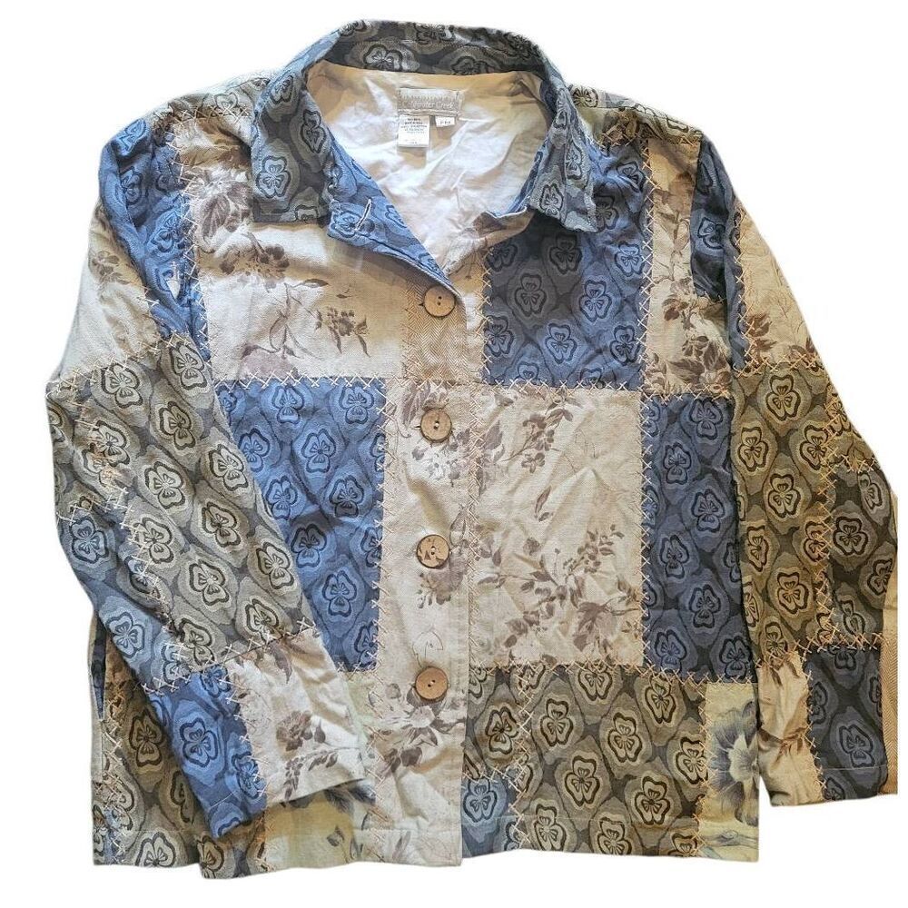 Vintage 90s Coldwater Creek Shirt Jacket Women's Medium Petite Patchwork Art
